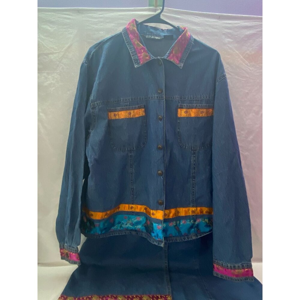 D.D. Designs Womens 3X Denim Jacket Skirt Set Embroidered Boho Blue Cotton 2pc